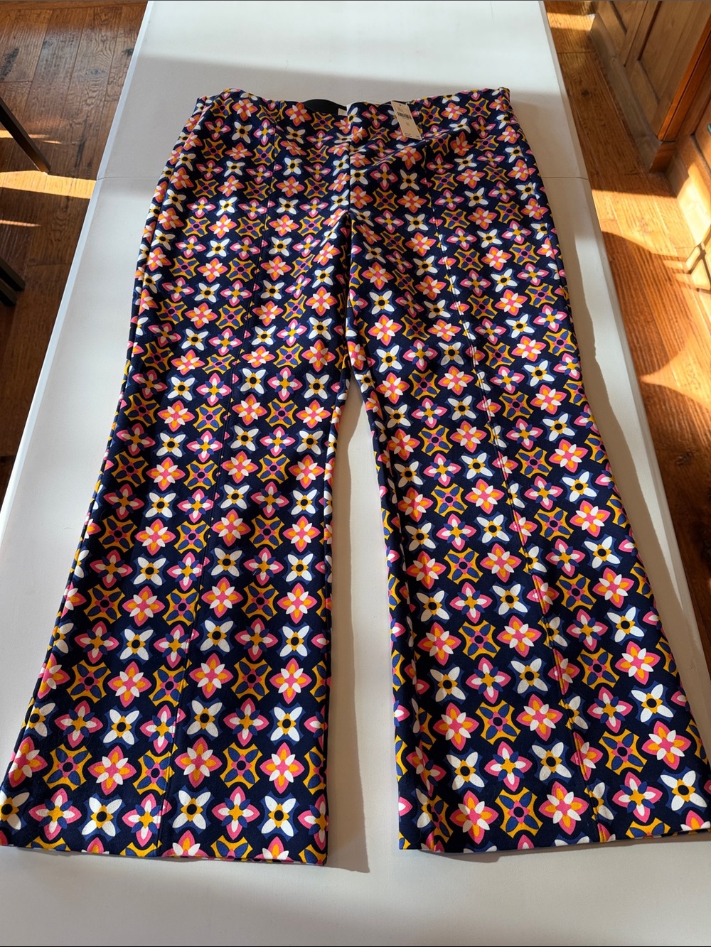 Anthropologie Navy Wide-Leg Pants with Pink, Yellow & White Floral Geo Print
